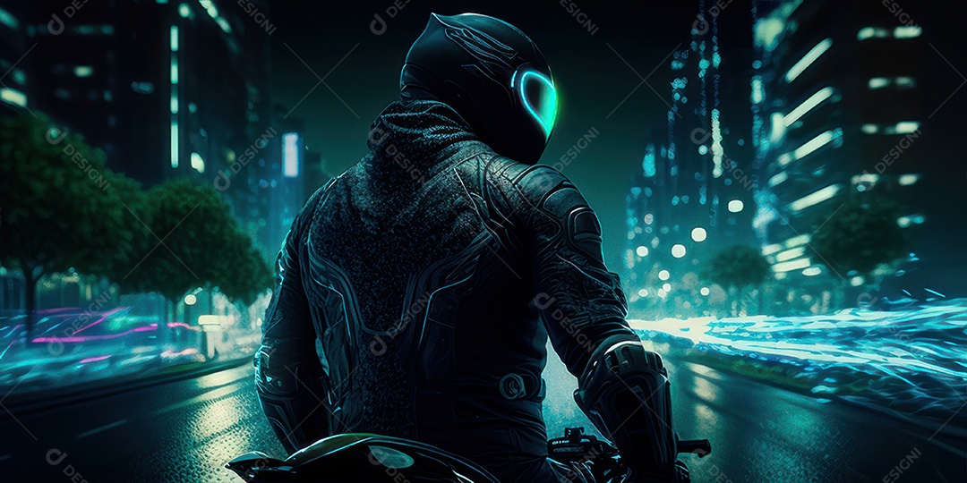 ilustração 3D de pessoa pilotando motocicleta.