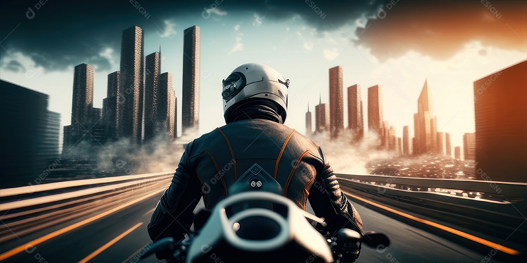 ilustração 3D de pessoa pilotando motocicleta.