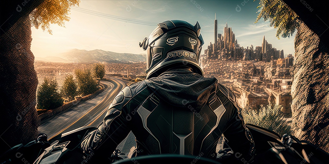 ilustração 3D de pessoa pilotando motocicleta.