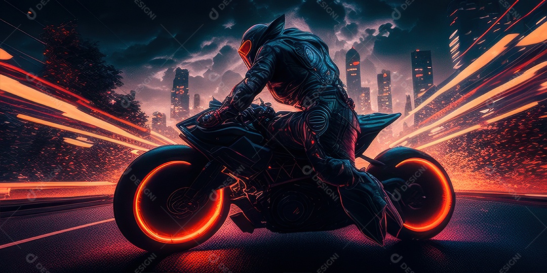 ilustração 3D de pessoa pilotando motocicleta.