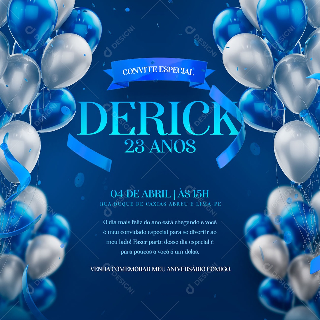 Convite Especial Derick 23 Anos Venha Comemorar Meu Aniversário Comigo Social Media PSD Editável