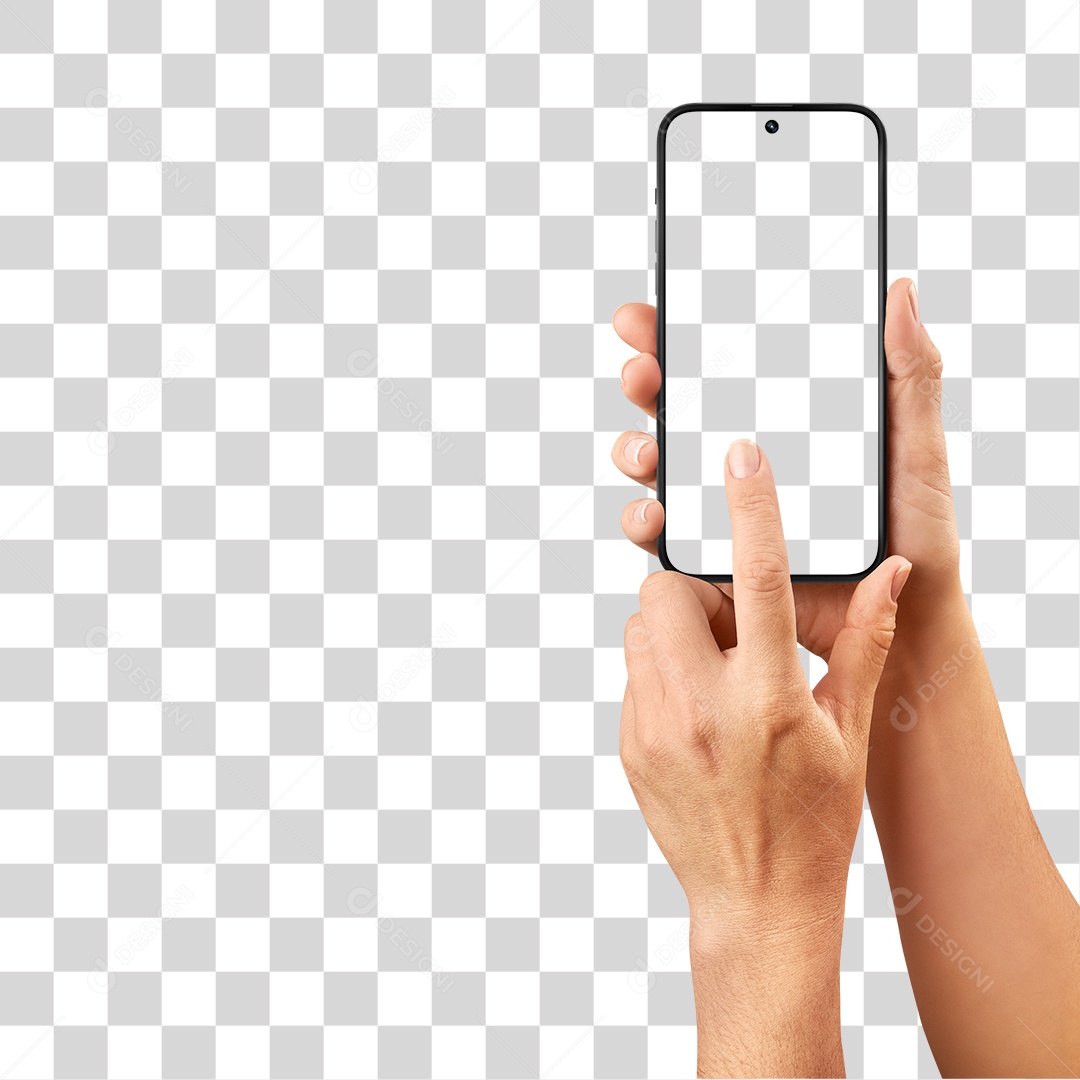 Celular na Mão de Mulher Dedo na Tela Smartphone PNG Transparente
