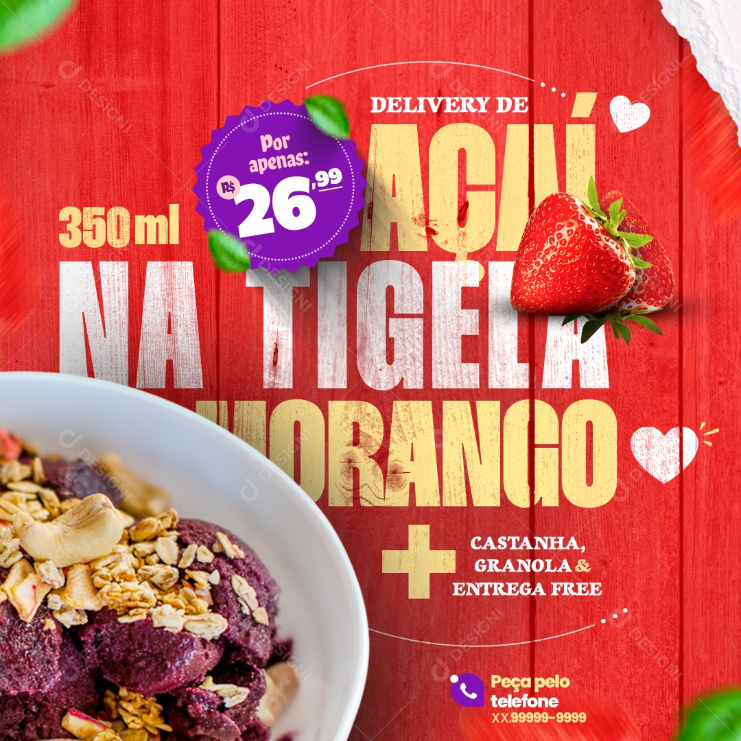 Açaí na Tigela Com Morango Venha Conferir Social Media PSD Editável