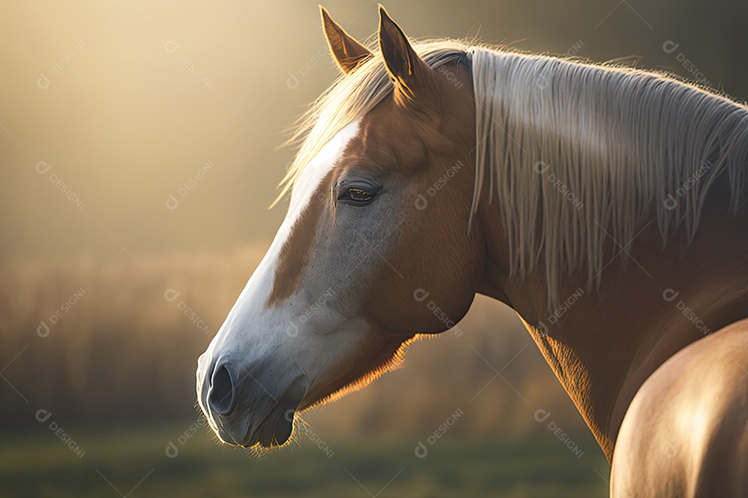 Lindo cavalo selvagem olhando para o lado em um grande campo verde com fundo desfocado