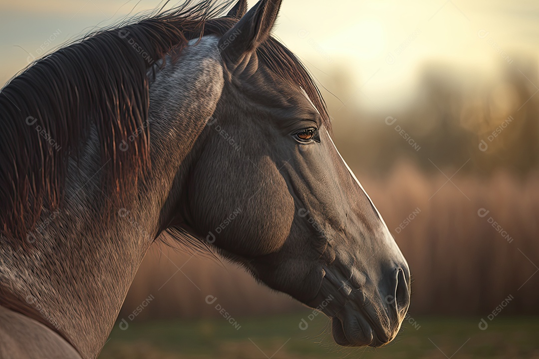 Lindo cavalo selvagem olhando para o lado em um grande campo verde com fundo desfocado