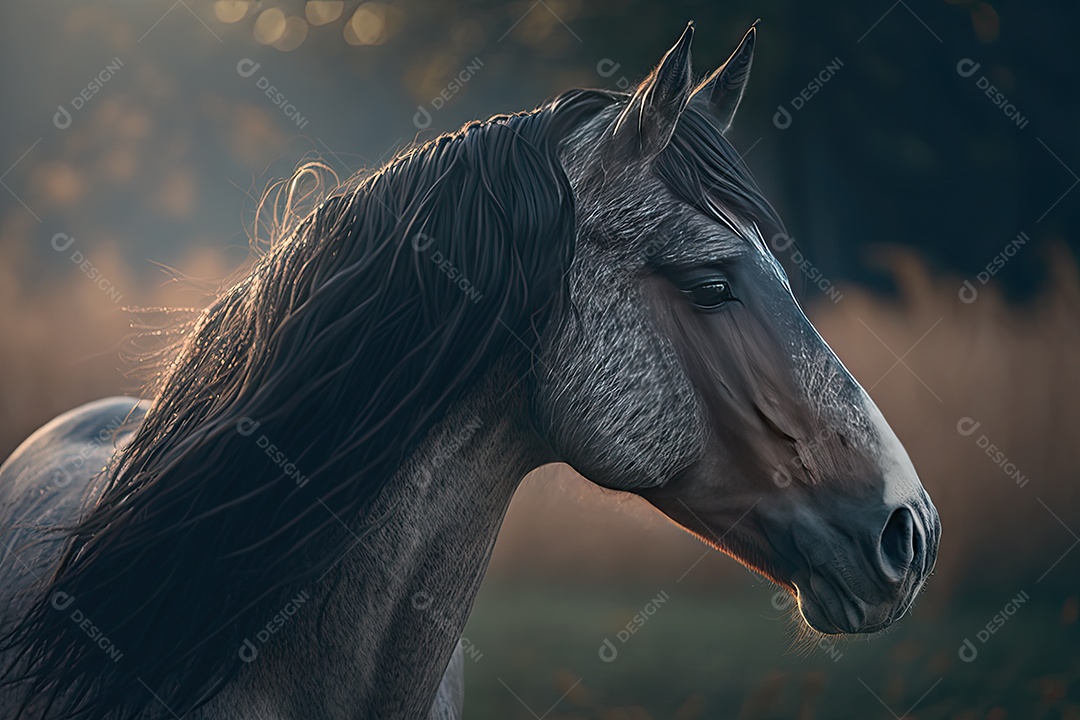 Lindo cavalo selvagem olhando para o lado em um grande campo verde com fundo desfocado