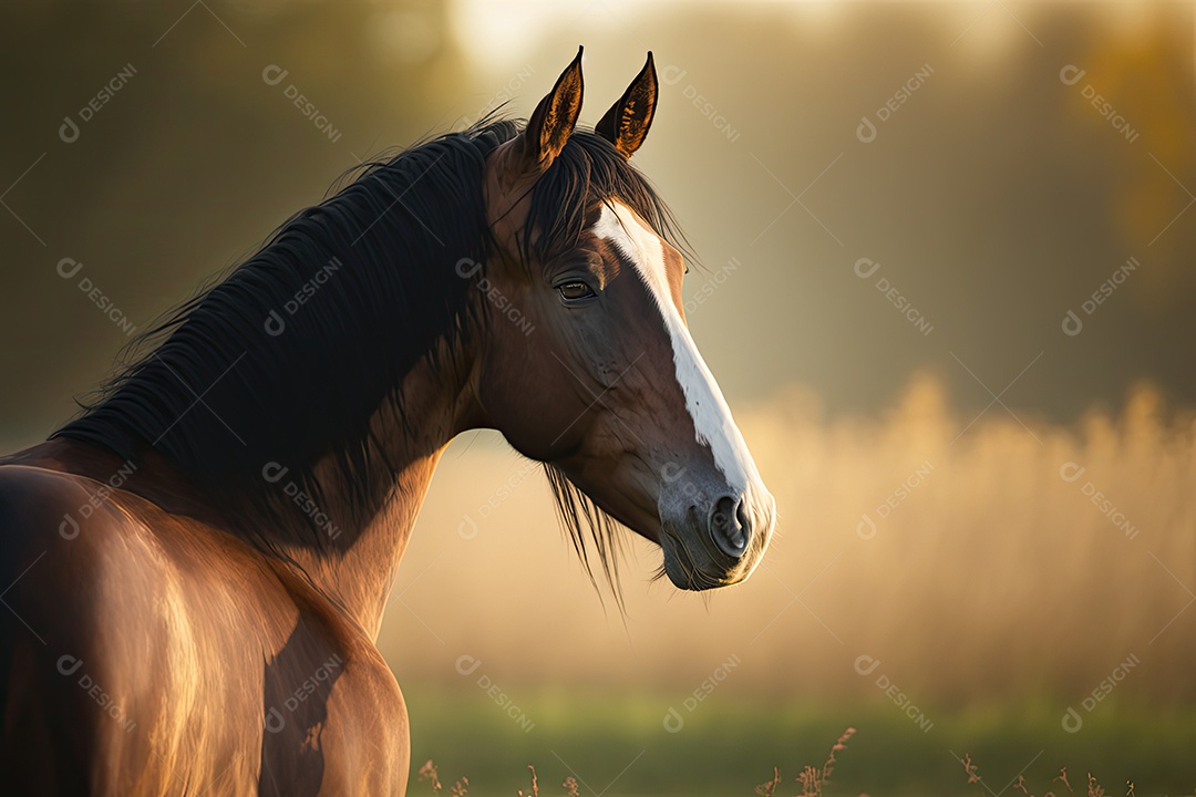 Lindo cavalo selvagem olhando para o lado em um grande campo verde com fundo desfocado