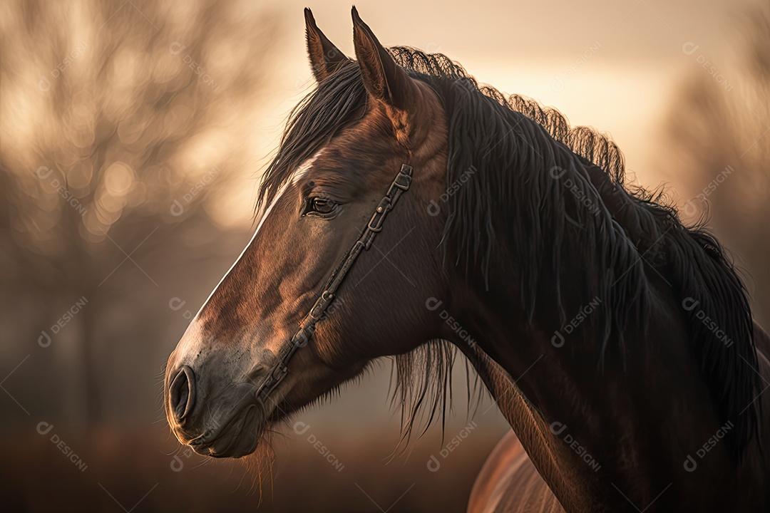 Lindo cavalo selvagem olhando para o lado em um grande campo verde com fundo desfocado