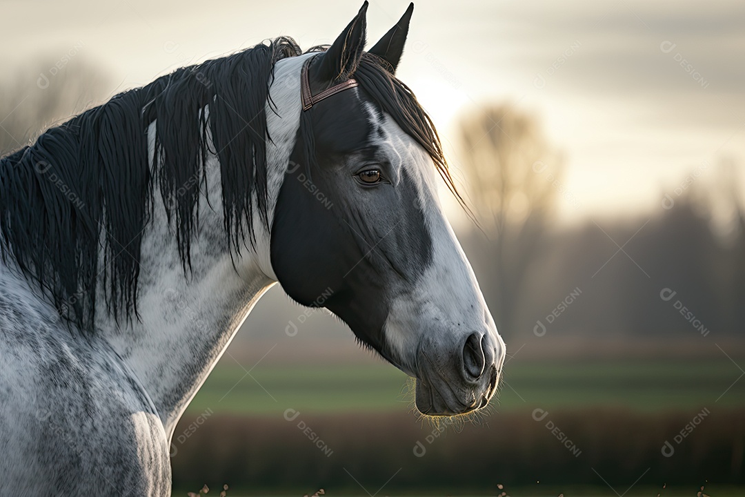 Lindo cavalo selvagem olhando para o lado em um grande campo verde com fundo desfocado