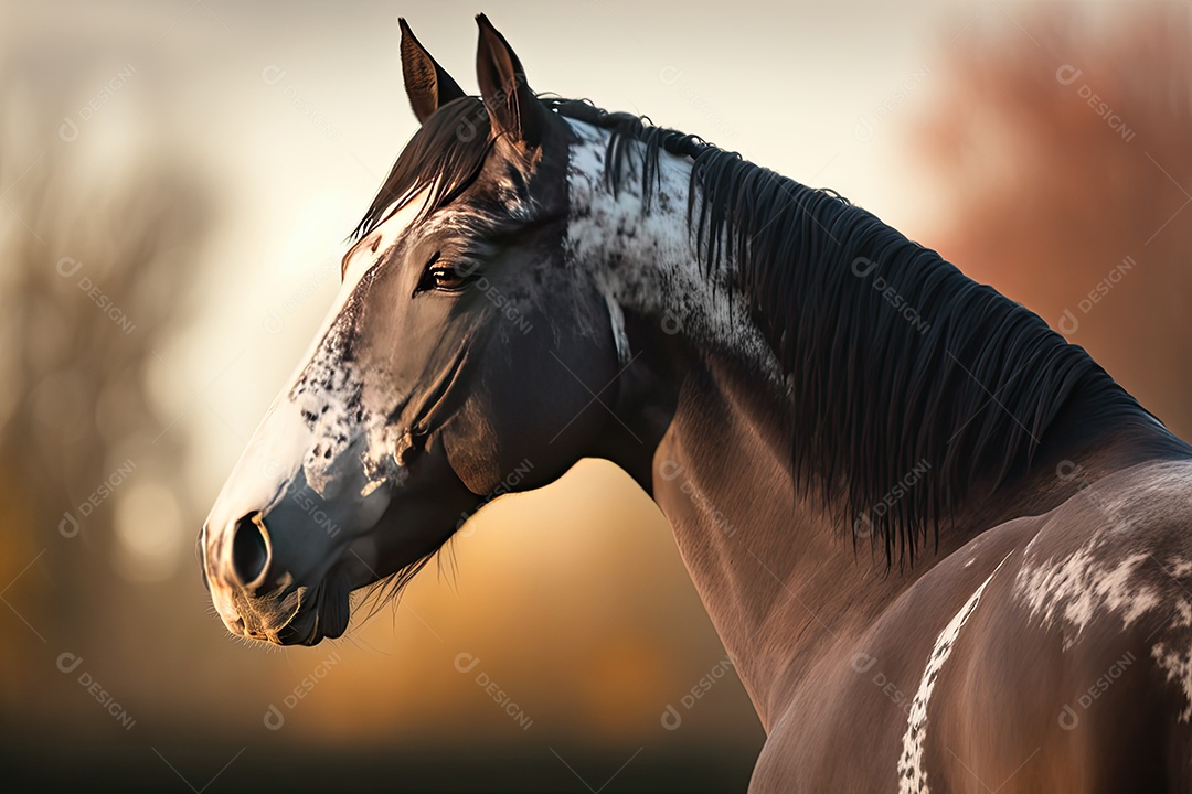 Lindo cavalo selvagem olhando para o lado em um grande campo verde com fundo desfocado