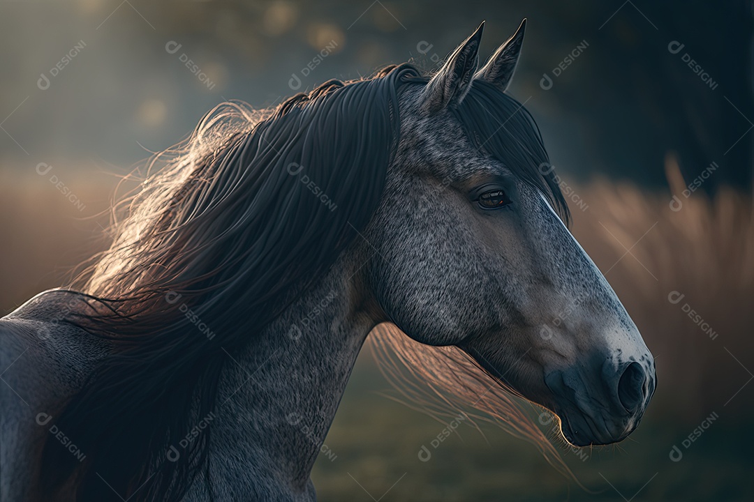 Lindo cavalo selvagem olhando para o lado em um grande campo verde com fundo desfocado