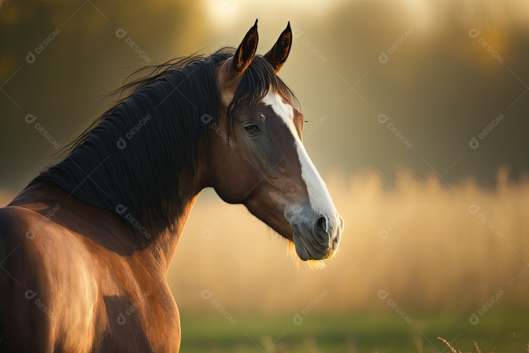 Lindo cavalo selvagem olhando para o lado em um grande campo verde com fundo desfocado