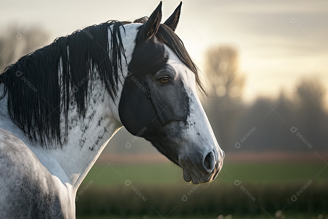 Lindo cavalo selvagem olhando para o lado em um grande campo verde com fundo desfocado