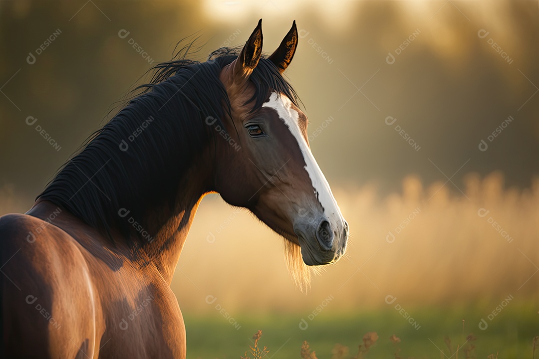 Lindo cavalo selvagem olhando para o lado em um grande campo verde com fundo desfocado
