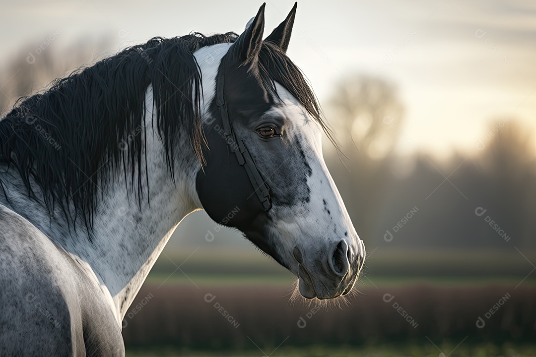 Lindo cavalo selvagem olhando para o lado em um grande campo verde com fundo desfocado