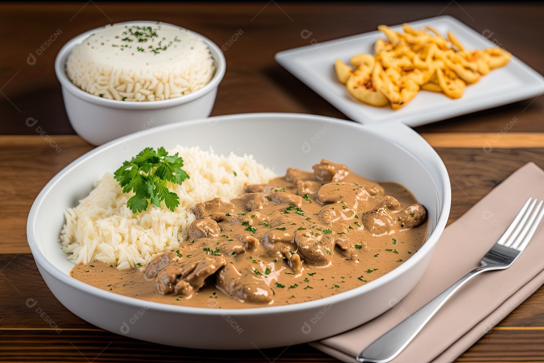 Um prato de estrogonofe é servido em um restaurante