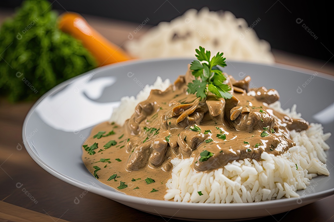 Um prato de estrogonofe é servido em um restaurante