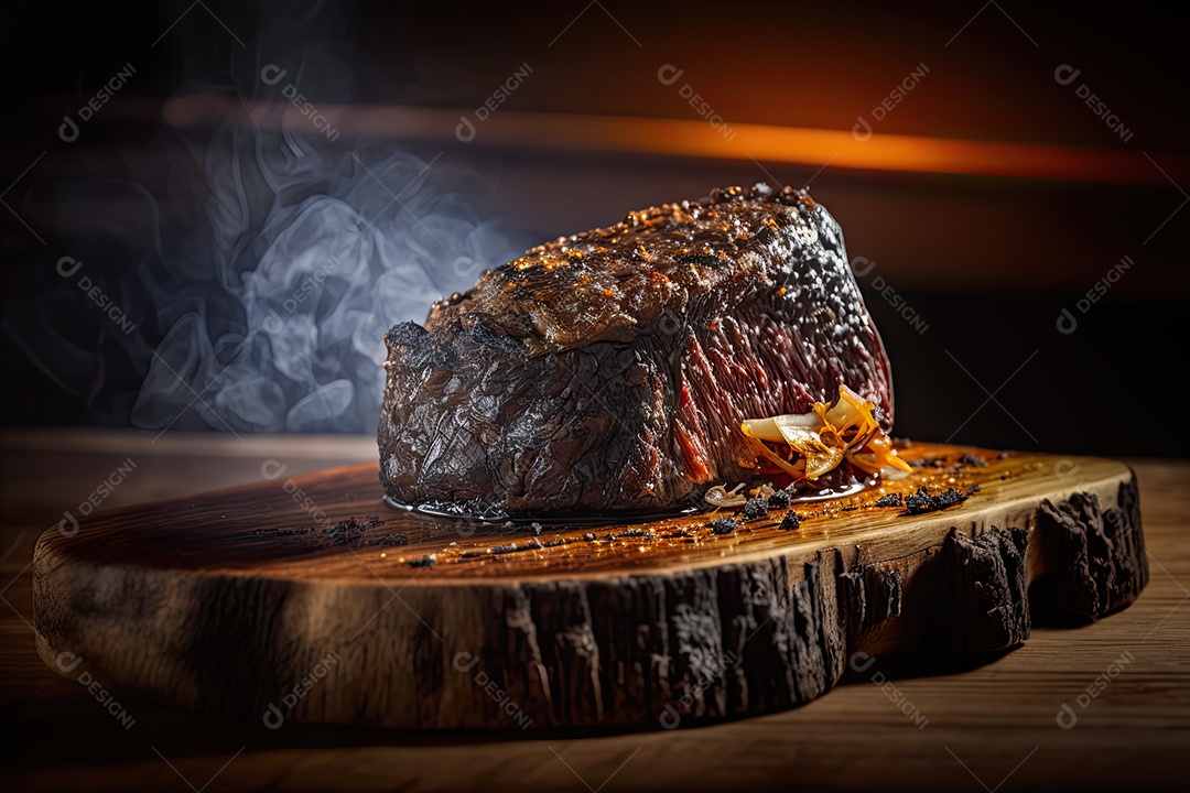 Um suculento e saboroso bife de ancho em uma tábua de madeira