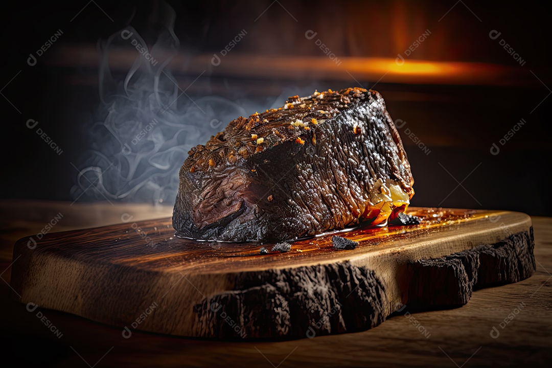 Um suculento e saboroso bife de ancho em uma tábua de madeira