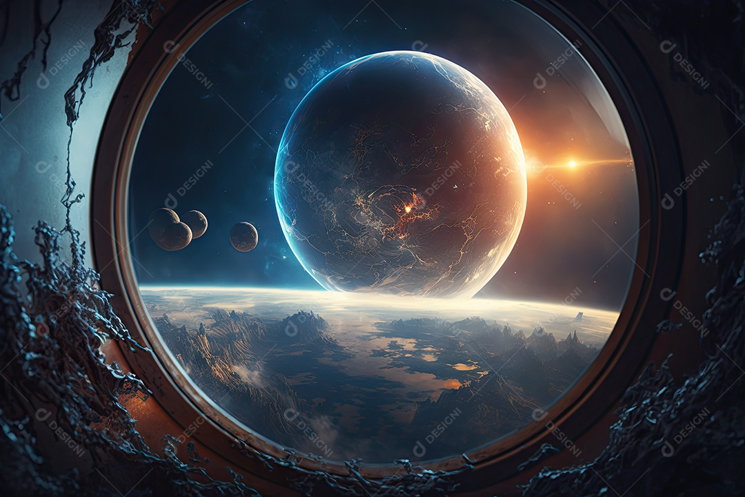 Linda imagem do espaço sideral com o planeta Terra e várias estrelas ao redor