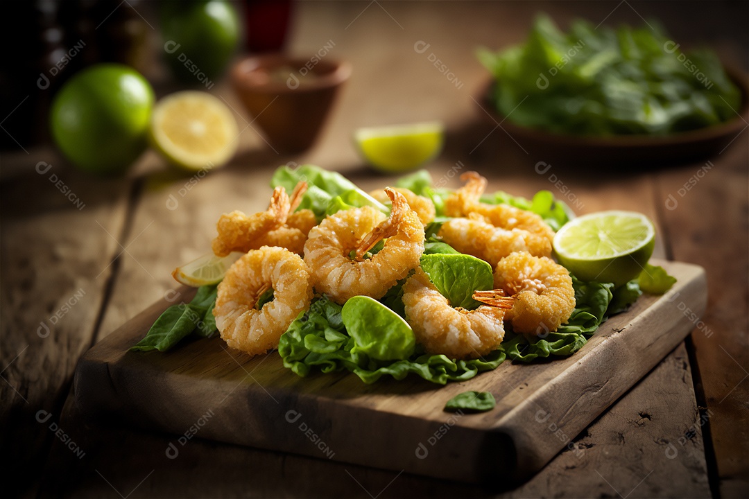 Camarão empanado frito na mesa de madeira rústica. Frutos do mar deliciosos visão de perto