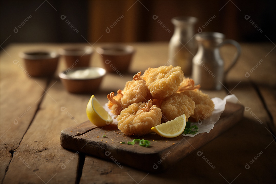 Camarão empanado frito na mesa de madeira rústica. Frutos do mar deliciosos visão de perto