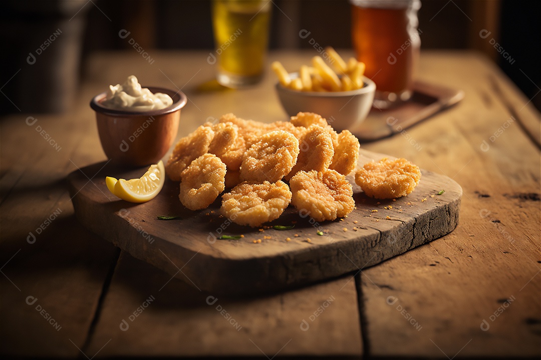 Camarão empanado frito na mesa de madeira rústica. Frutos do mar deliciosos visão de perto