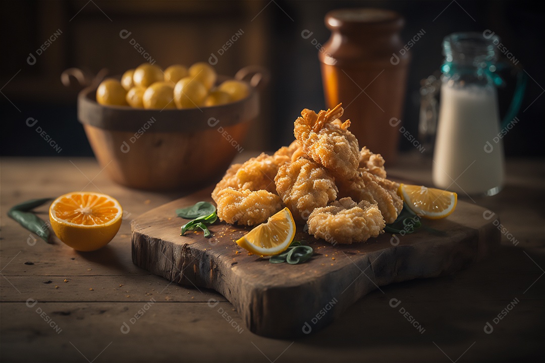 Camarão empanado frito na mesa de madeira rústica. Frutos do mar deliciosos visão de perto