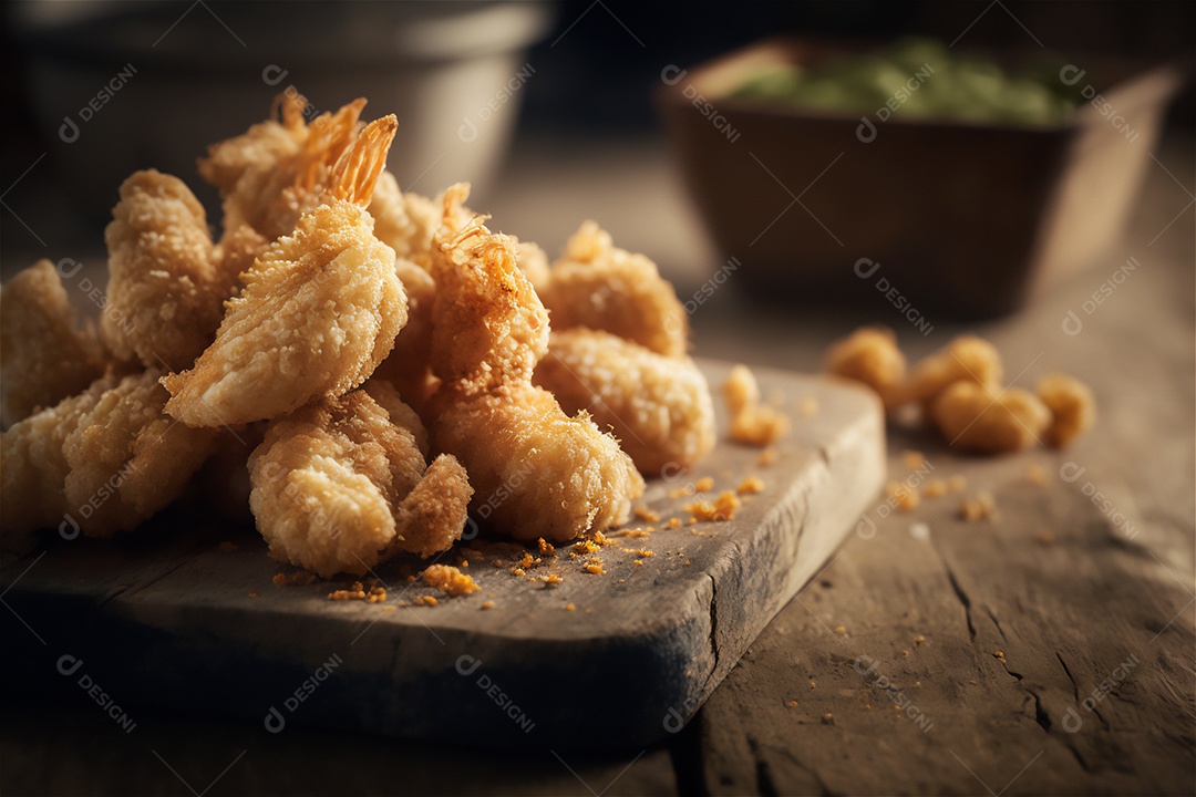 Camarão empanado frito na mesa de madeira rústica. Frutos do mar deliciosos visão de perto