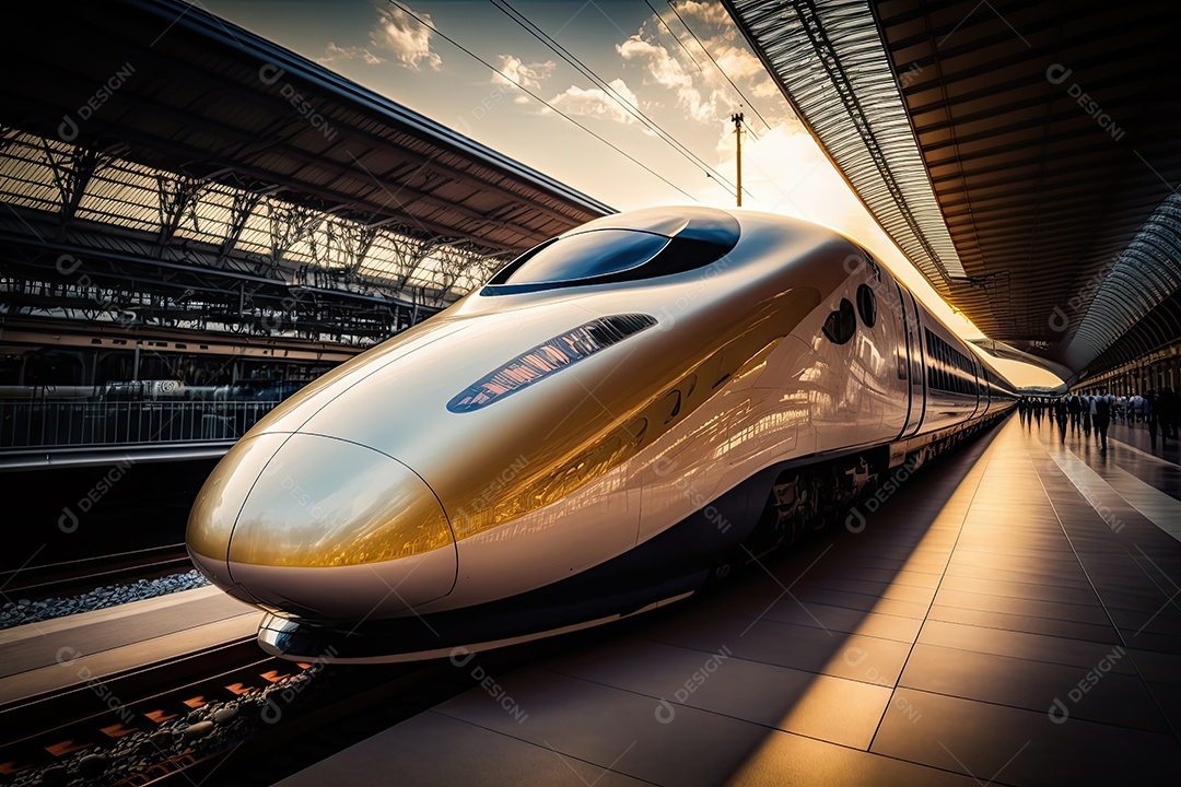 O trem-bala moderno mais rápido do mundo parou dentro de uma grande e moderna estação
