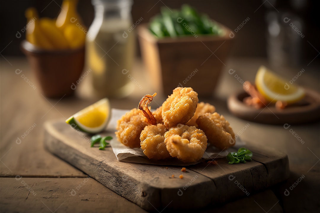 Camarão empanado frito na mesa de madeira rústica. Frutos do mar deliciosos visão de perto