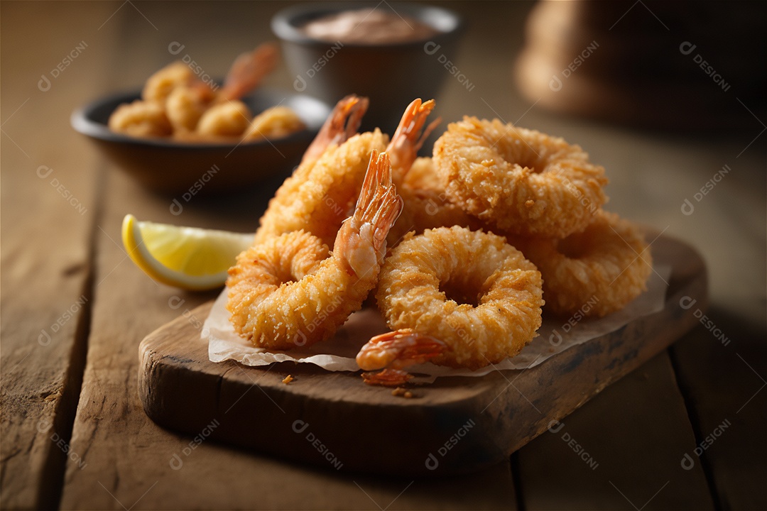 Camarão empanado frito na mesa de madeira rústica. Frutos do mar deliciosos visão de perto