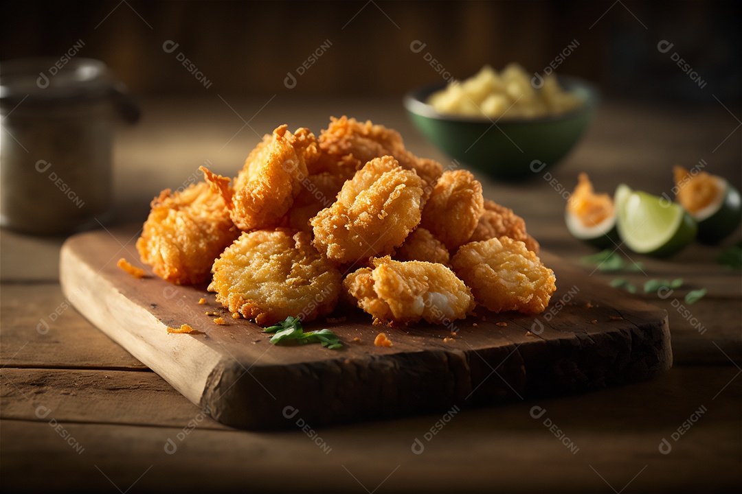 Camarão empanado frito na mesa de madeira rústica. Frutos do mar deliciosos visão de perto