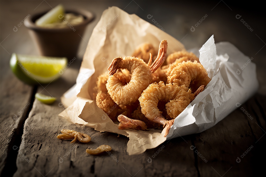 Camarão empanado frito na mesa de madeira rústica. Frutos do mar deliciosos visão de perto