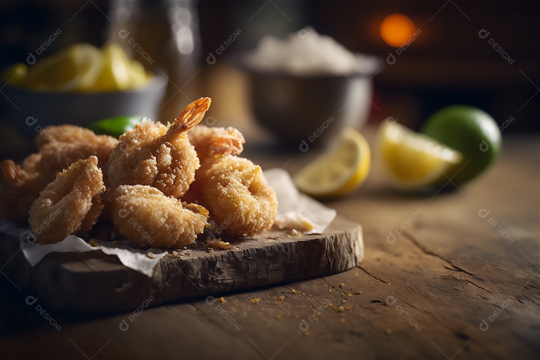 Camarão empanado frito na mesa de madeira rústica. Frutos do mar deliciosos visão de perto