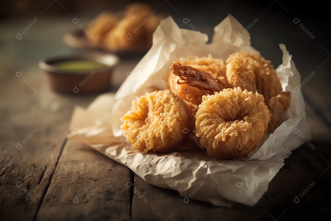 Camarão empanado frito na mesa de madeira rústica. Frutos do mar deliciosos visão de perto