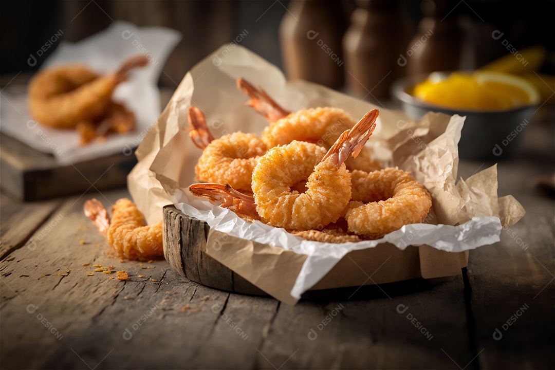 Camarão empanado frito na mesa de madeira rústica. Frutos do mar deliciosos visão de perto