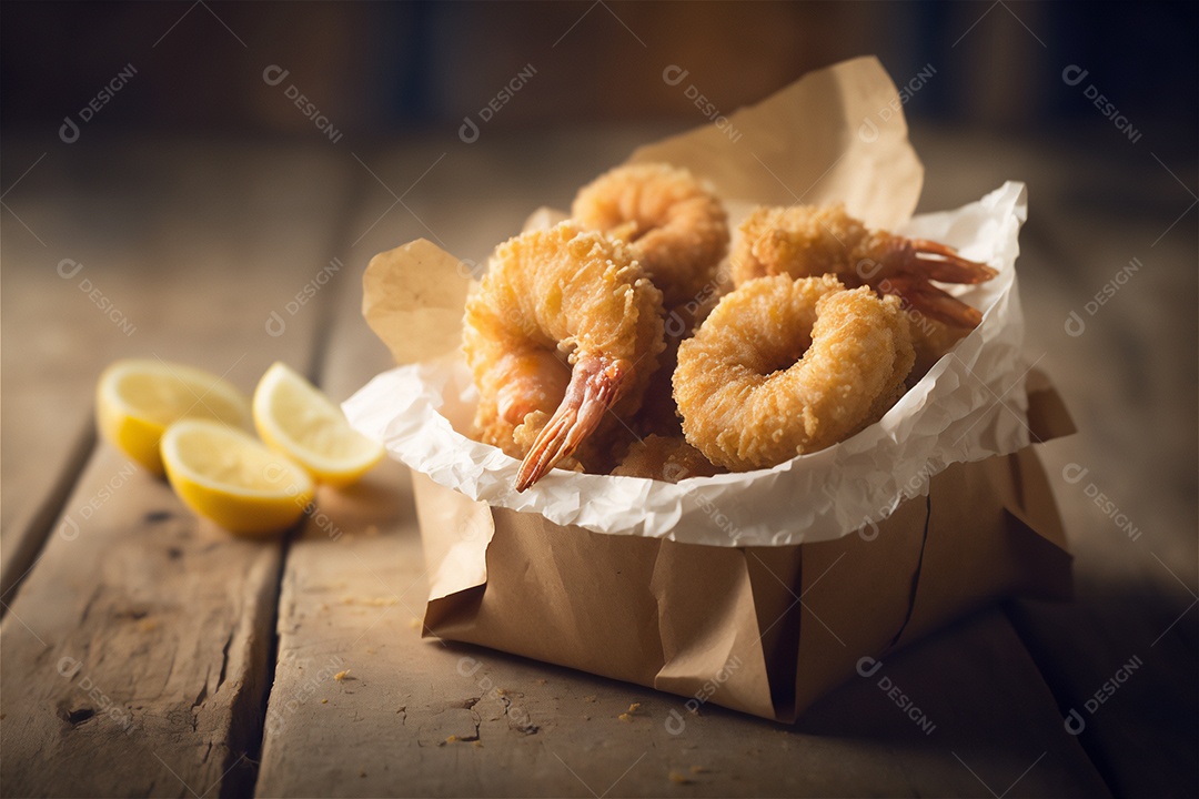 Camarão empanado frito na mesa de madeira rústica. Frutos do mar deliciosos visão de perto