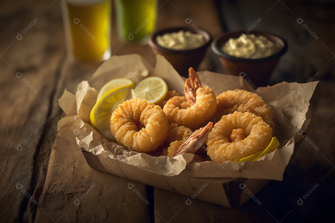 Camarão empanado frito na mesa de madeira rústica. Frutos do mar deliciosos visão de perto