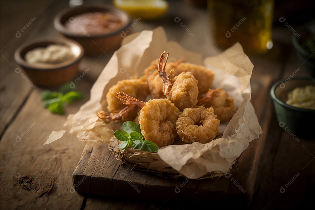 Camarão empanado frito na mesa de madeira rústica. Frutos do mar deliciosos visão de perto