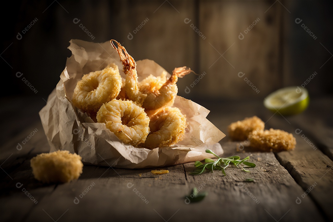 Camarão empanado frito na mesa de madeira rústica. Frutos do mar deliciosos visão de perto