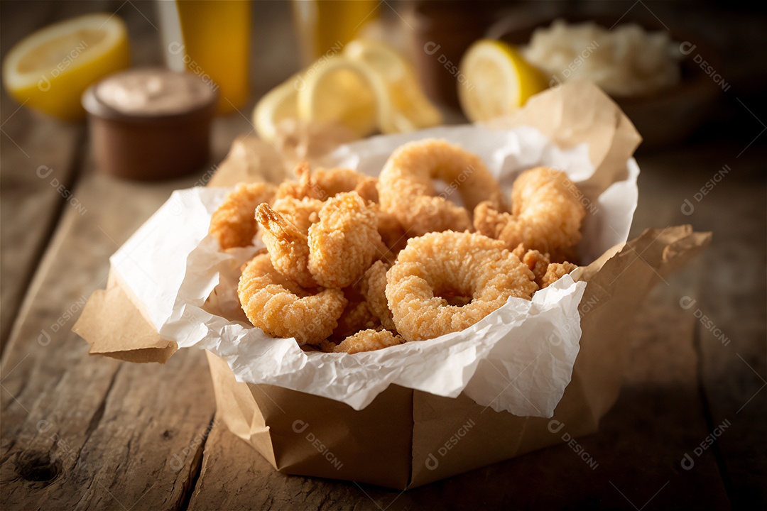 Camarão empanado frito na mesa de madeira rústica. Frutos do mar deliciosos visão de perto