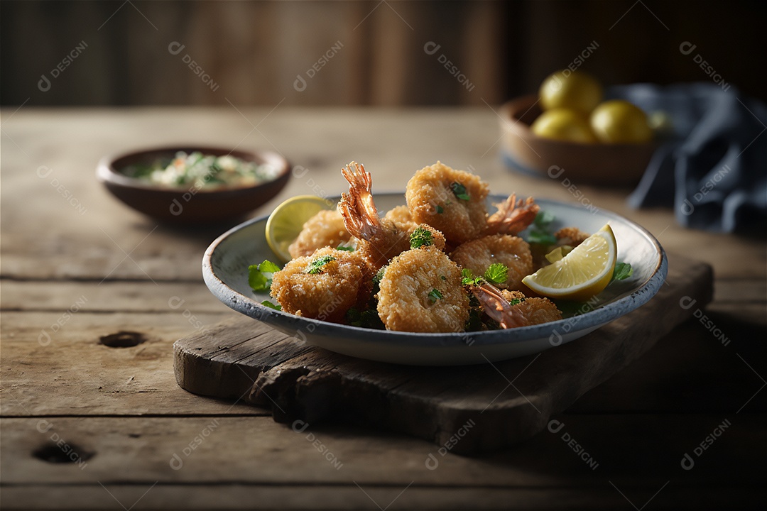 Camarão empanado frito na mesa de madeira rústica. Frutos do mar deliciosos visão de perto