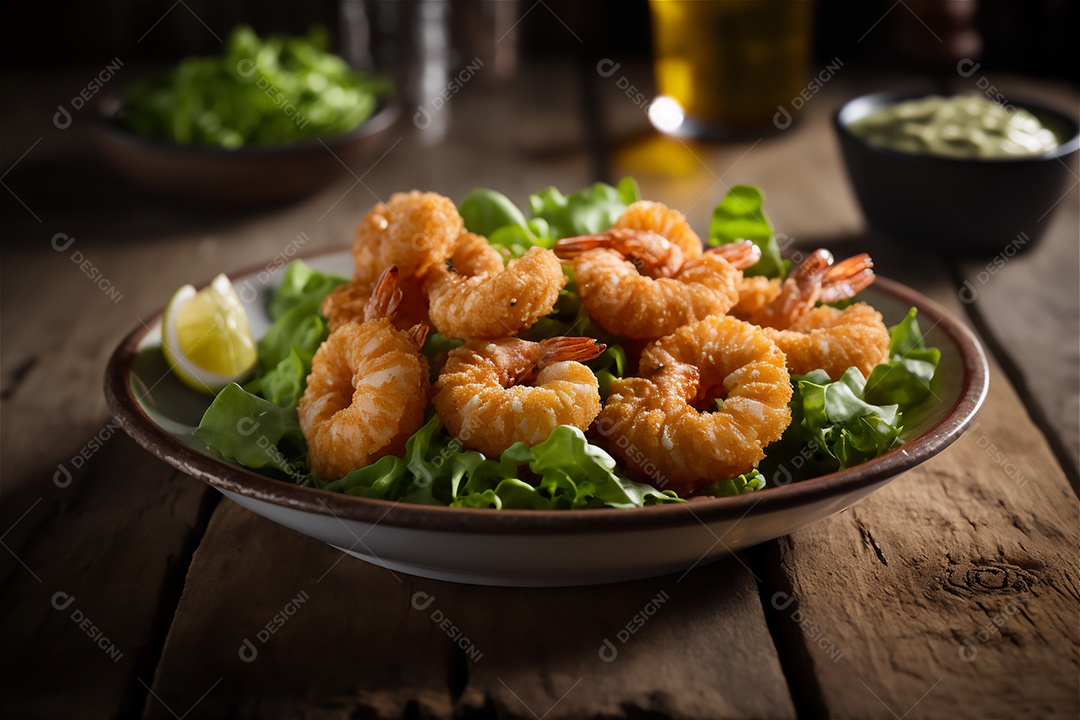 Camarão empanado frito na mesa de madeira rústica. Frutos do mar deliciosos visão de perto