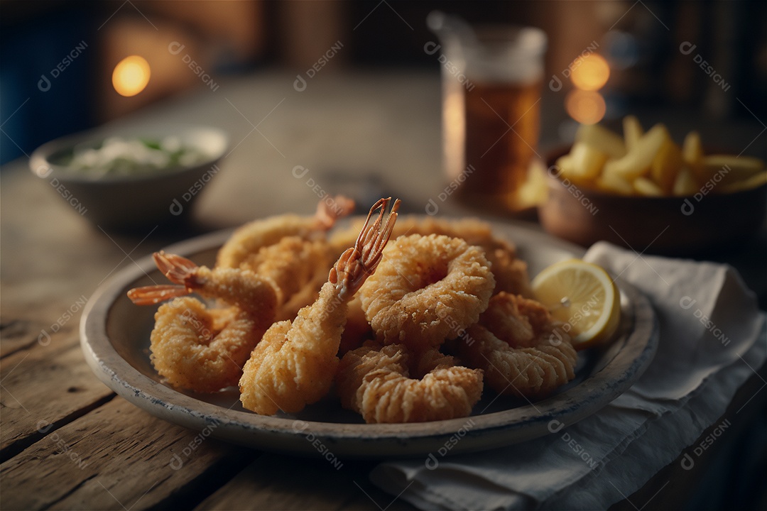 Camarão empanado frito na mesa de madeira rústica. Frutos do mar deliciosos visão de perto