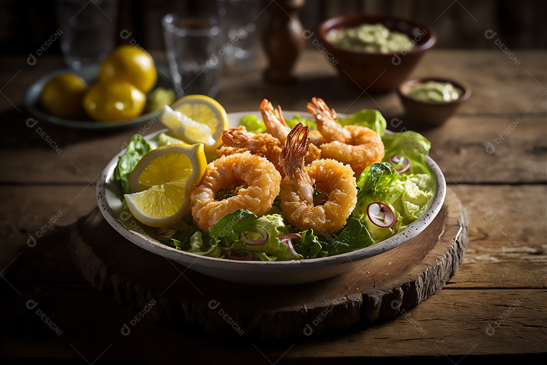 Camarão empanado frito na mesa de madeira rústica. Frutos do mar deliciosos visão de perto