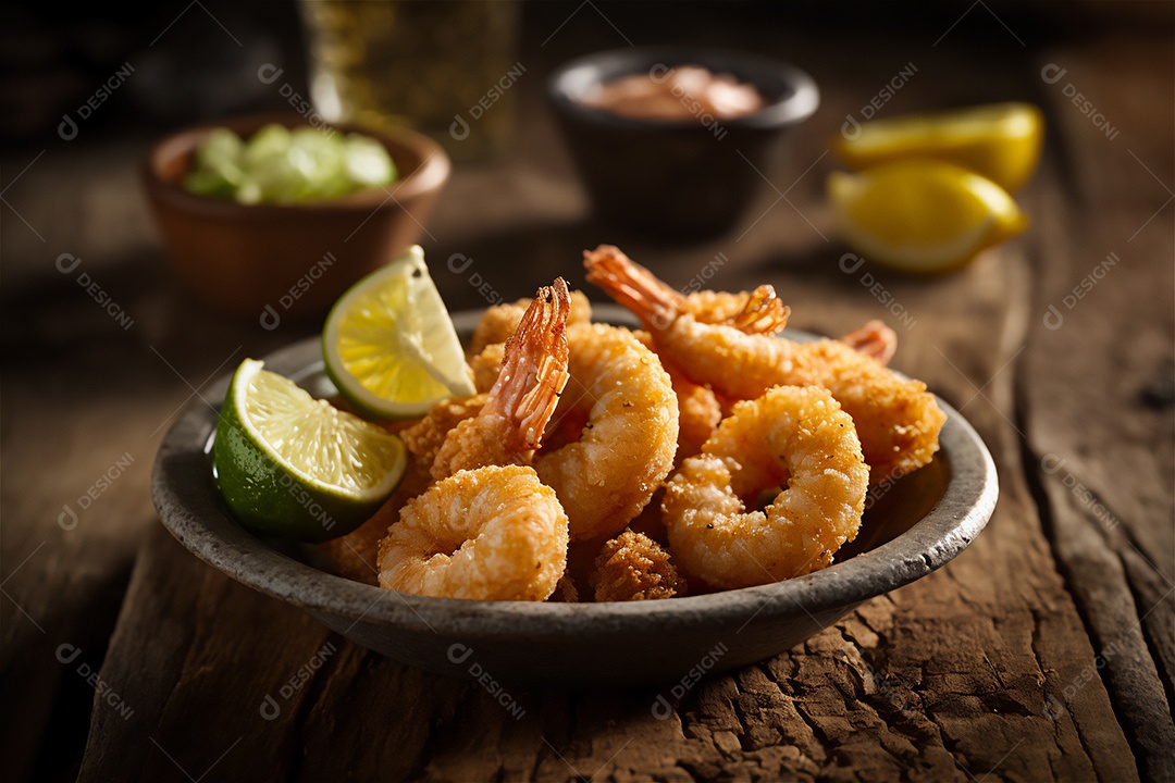 Camarão empanado frito na mesa de madeira rústica. Frutos do mar deliciosos visão de perto