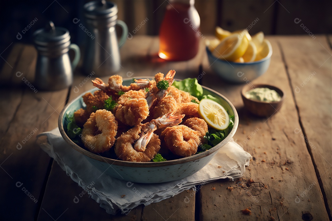 Camarão empanado frito na mesa de madeira rústica. Frutos do mar deliciosos visão de perto
