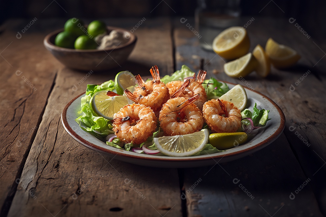 Camarão empanado frito na mesa de madeira rústica. Frutos do mar deliciosos visão de perto