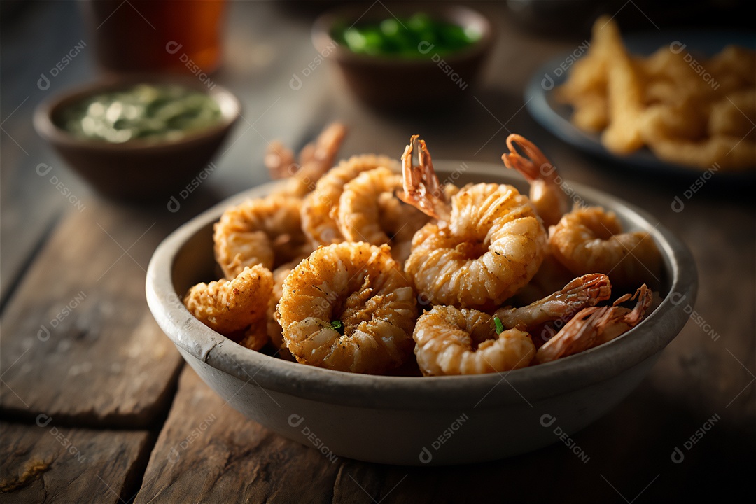 Camarão empanado frito na mesa de madeira rústica. Frutos do mar deliciosos visão de perto